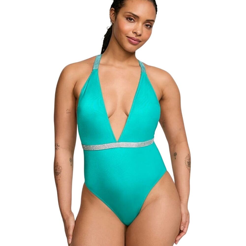 Victorias Secret Rhinestone Swim XXL Teal Plunge Sexy Bling Beach Travel New